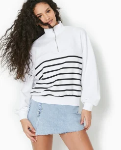 Sweat Zippé Avec Rayures - Blanc