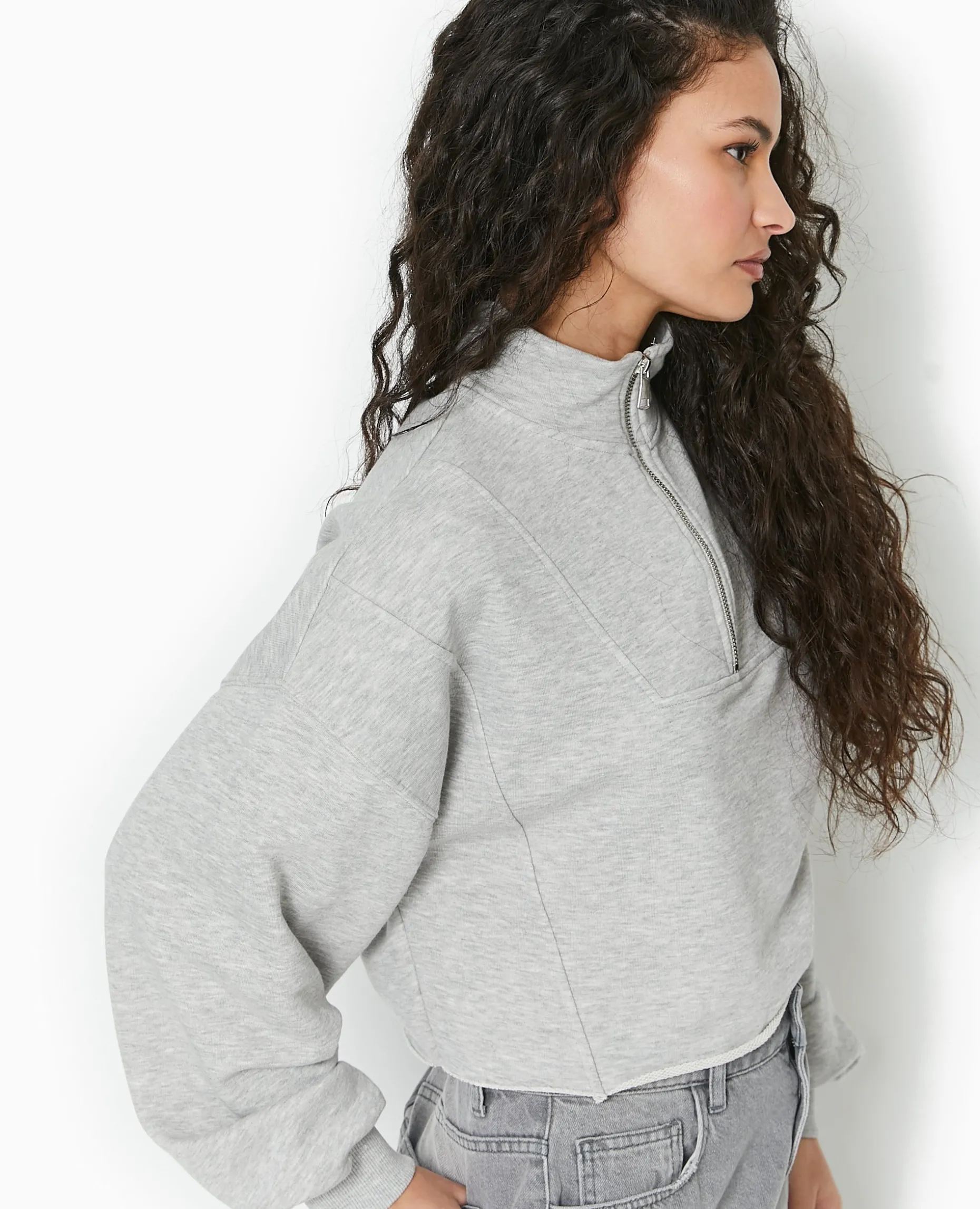 Sweat Zippé Cropped - Gris Chiné