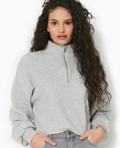 Sweat Zippé Cropped - Gris Chiné