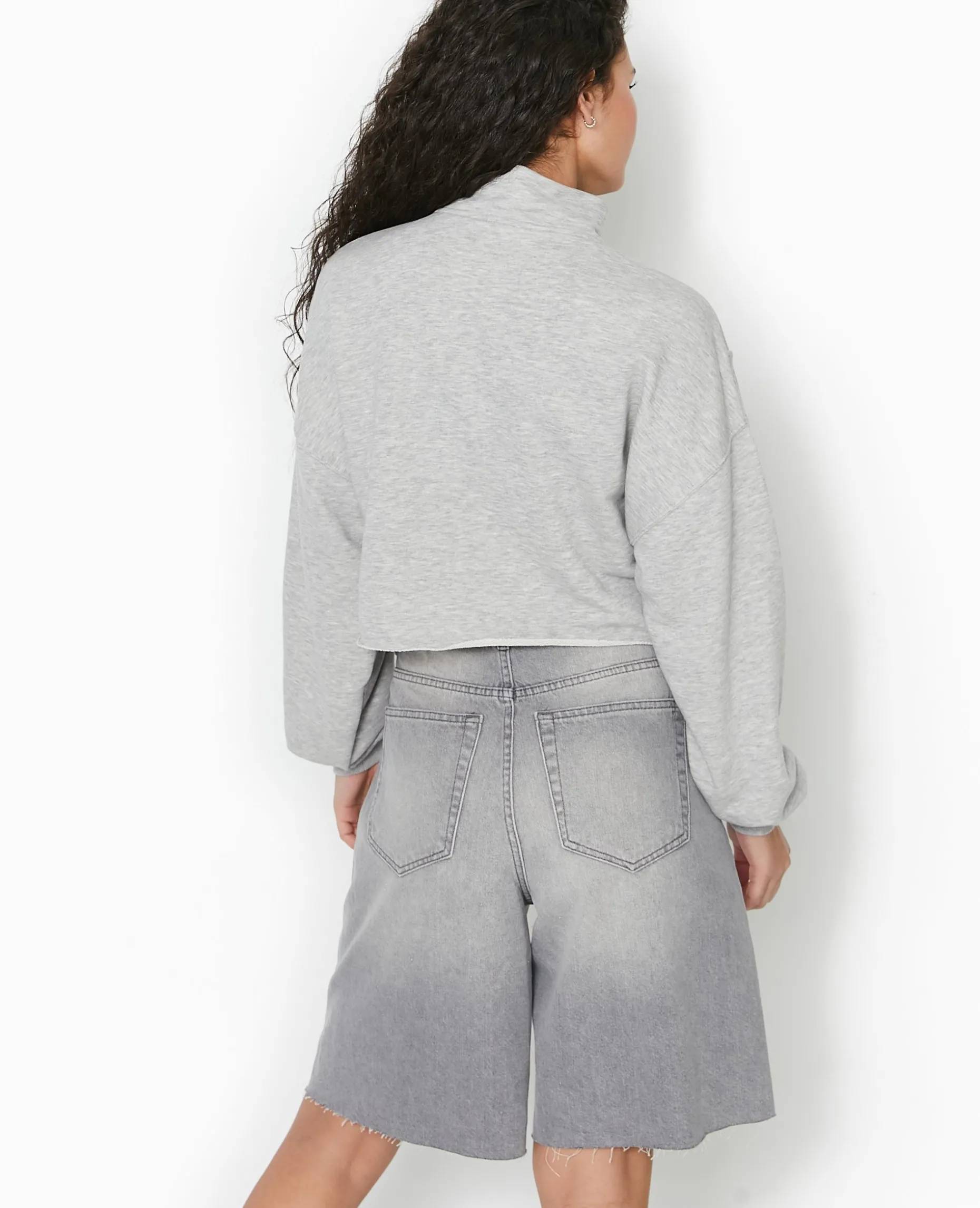 Sweat Zippé Cropped - Gris Chiné