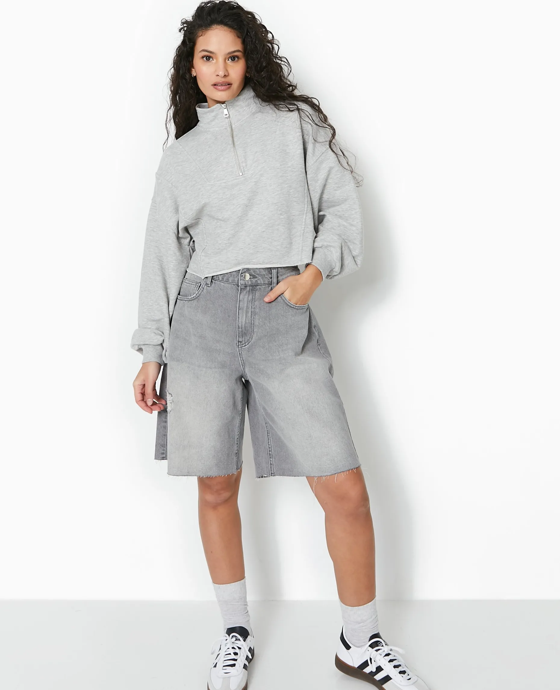 Sweat Zippé Cropped - Gris Chiné