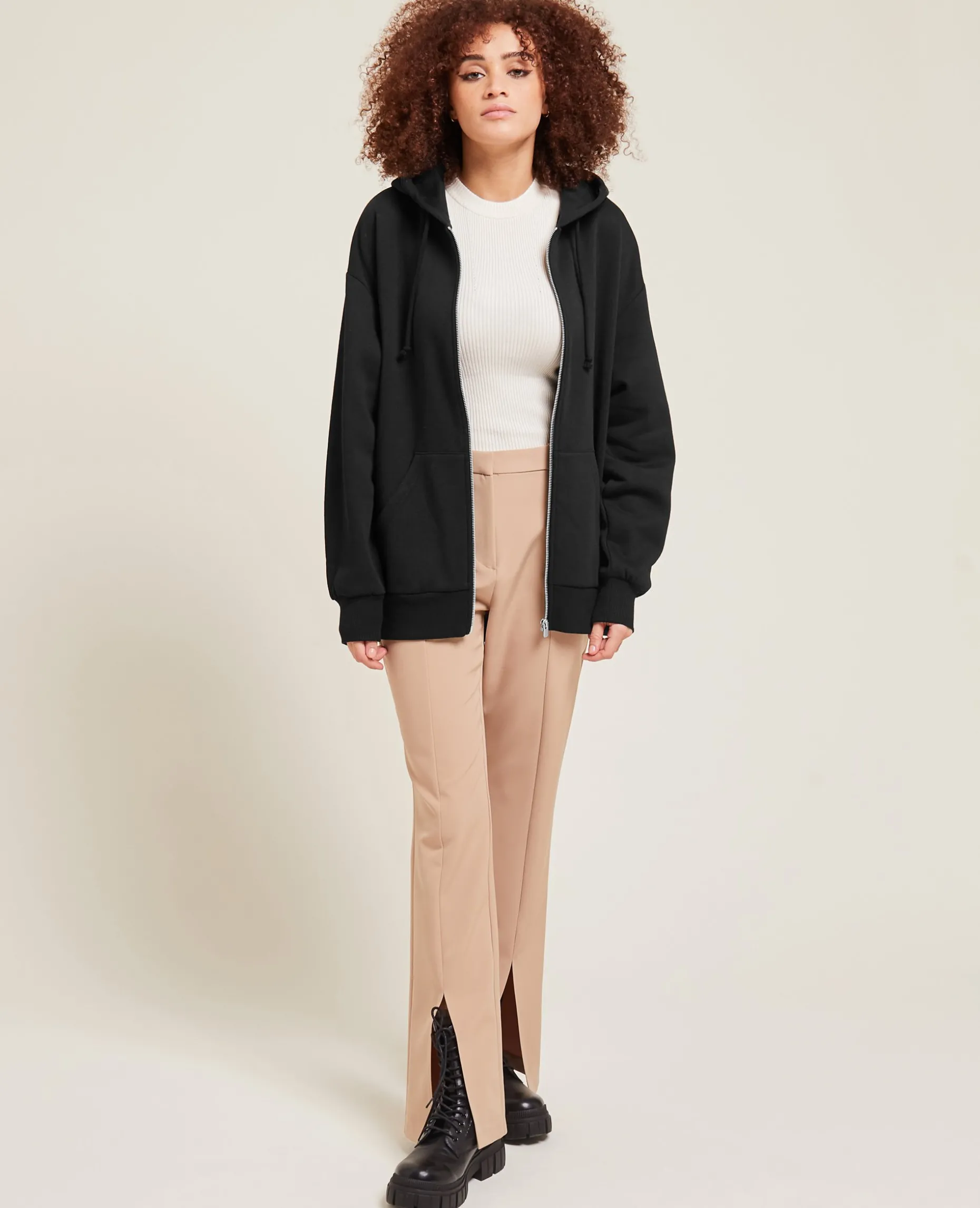 Sweat Zippé Oversize Avec Capuche - Noir