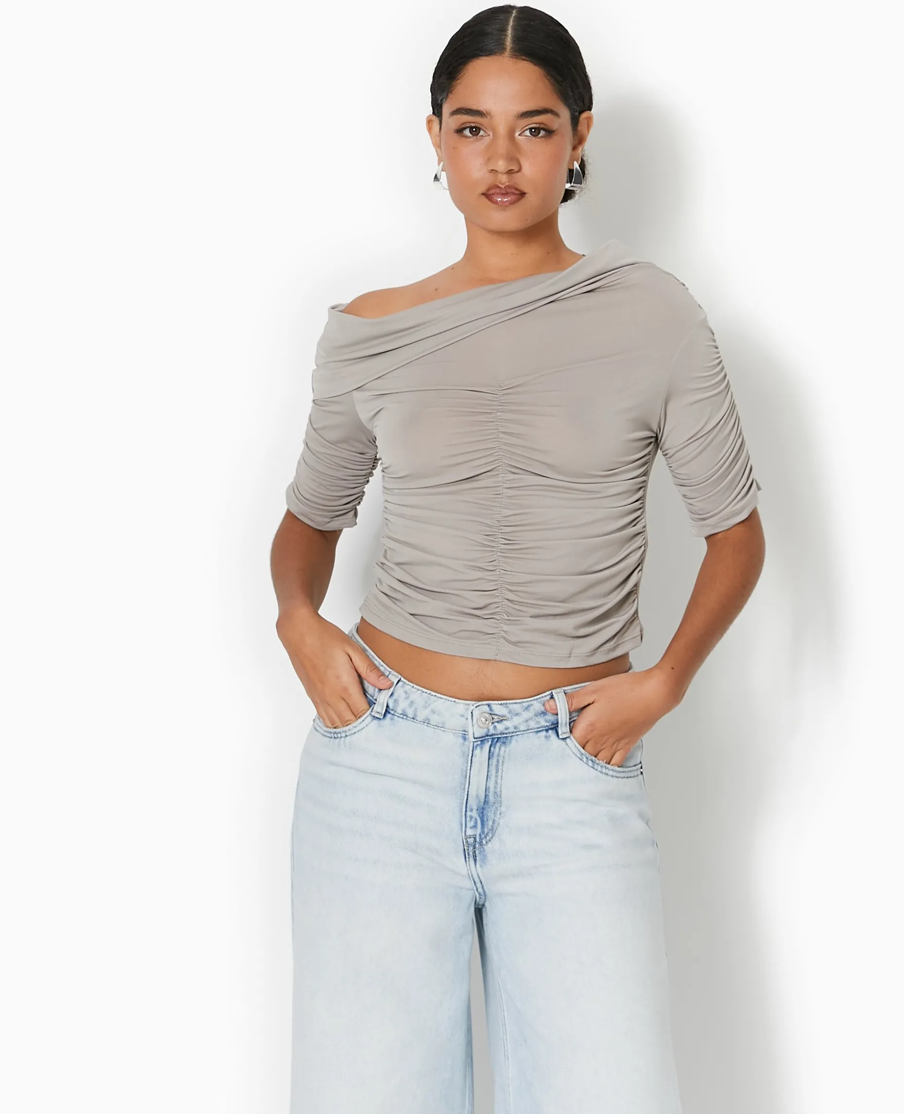 Top Avec Fronces Encolure Bardot - Gris