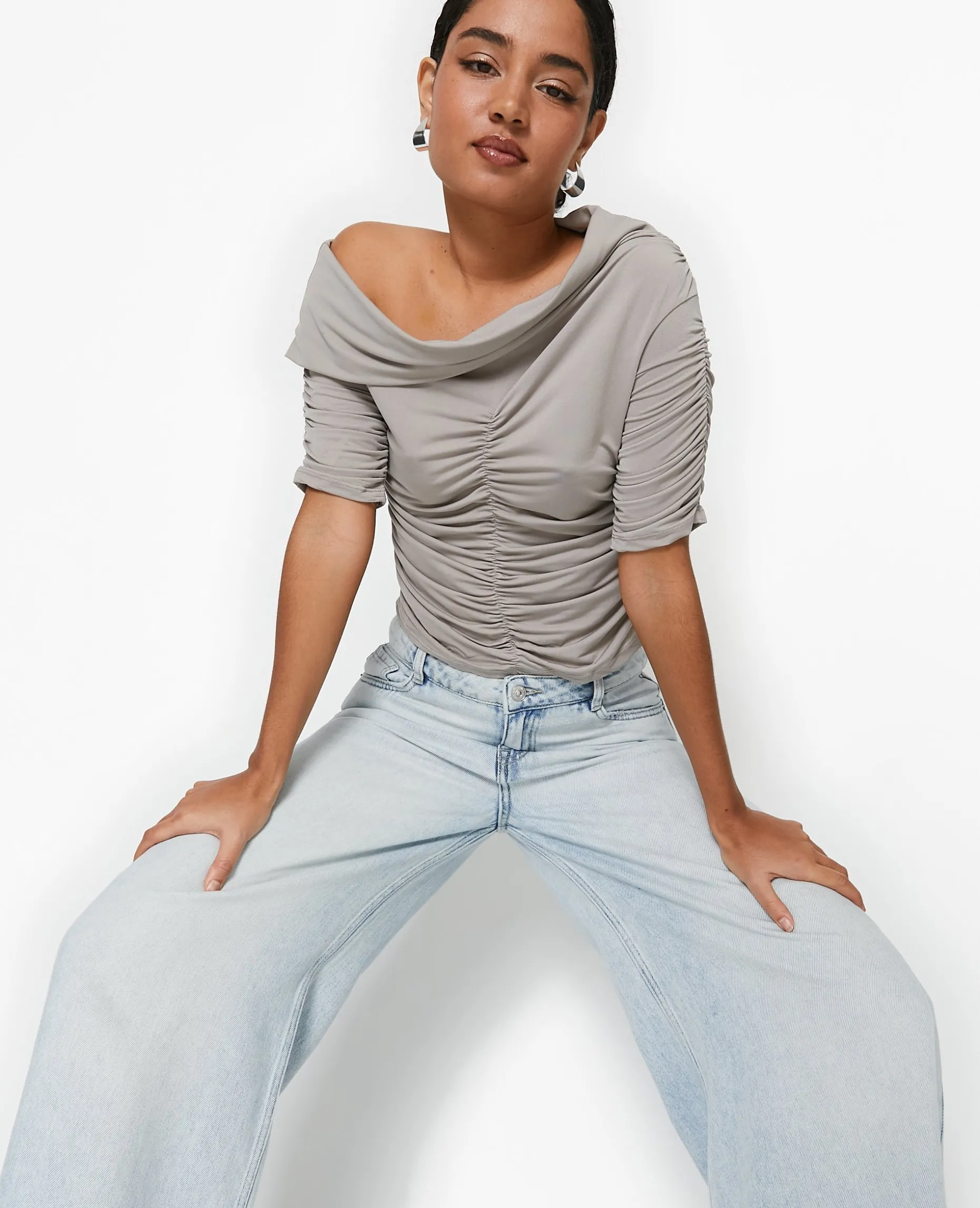 Top Avec Fronces Encolure Bardot - Gris