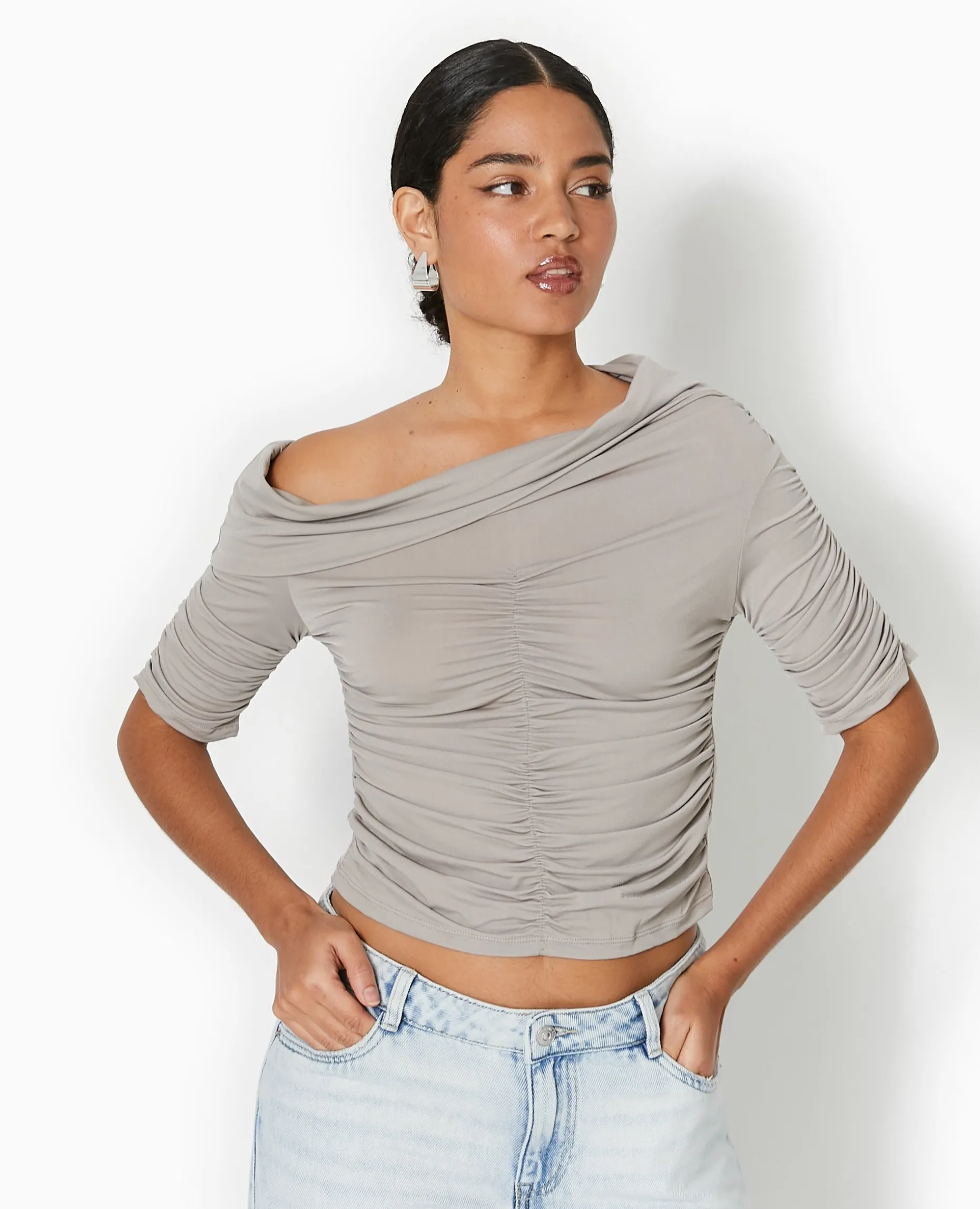 Top Avec Fronces Encolure Bardot - Gris