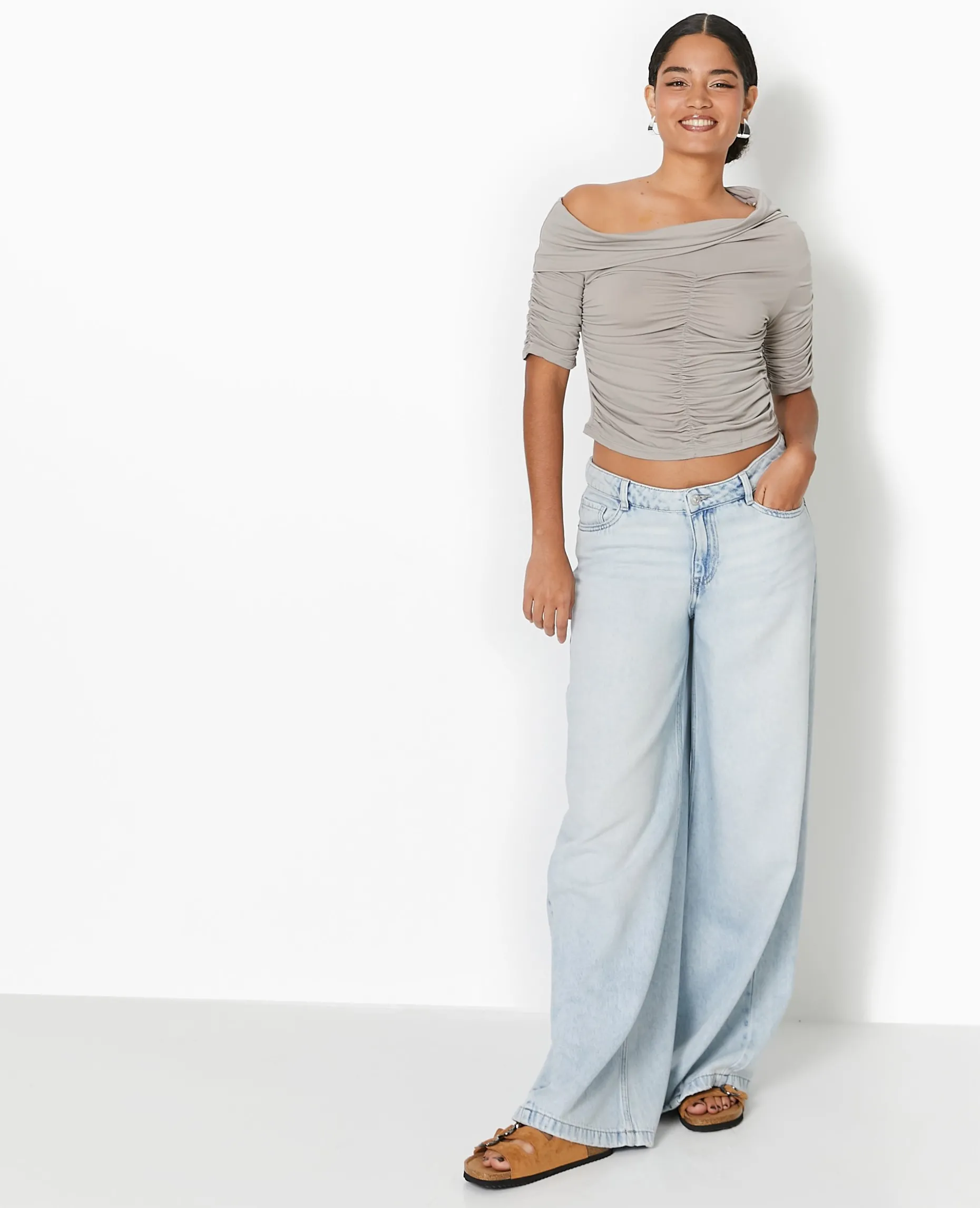Top Avec Fronces Encolure Bardot - Gris