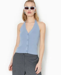 Top Boutonné Dos-nu - Bleu