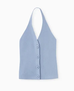 Top Boutonné Dos-nu - Bleu