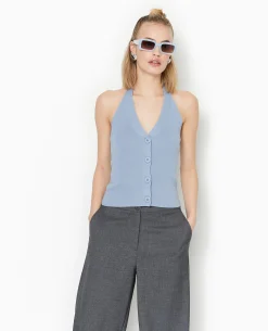 Top Boutonné Dos-nu - Bleu