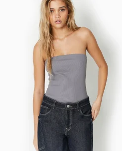 Top Bustier En Maille Côtelée - Gris