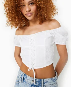 Top Court Avec Laçage Et Smocks - Blanc
