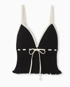Top Court En Maille Avec Détails Contrastés - Noir