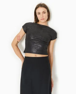 Top Court En Maille Brillante Avec Dos Ouvert - Noir