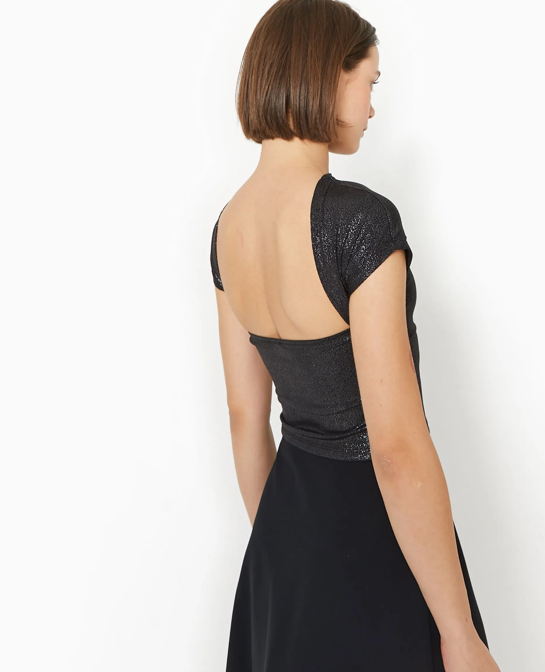 Top Court En Maille Brillante Avec Dos Ouvert - Noir