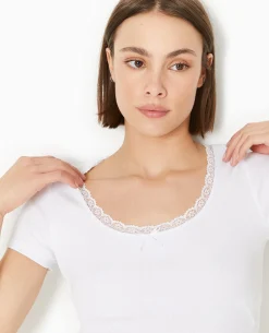 Top Court En Maille Côtelée Avec Dentelle - Blanc