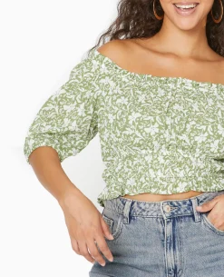 Top Court Encolure Bardot Motif Fleurs - Vert