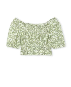 Top Court Encolure Bardot Motif Fleurs - Vert