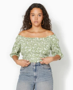 Top Court Encolure Bardot Motif Fleurs - Vert