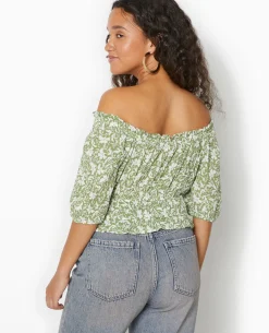 Top Court Encolure Bardot Motif Fleurs - Vert