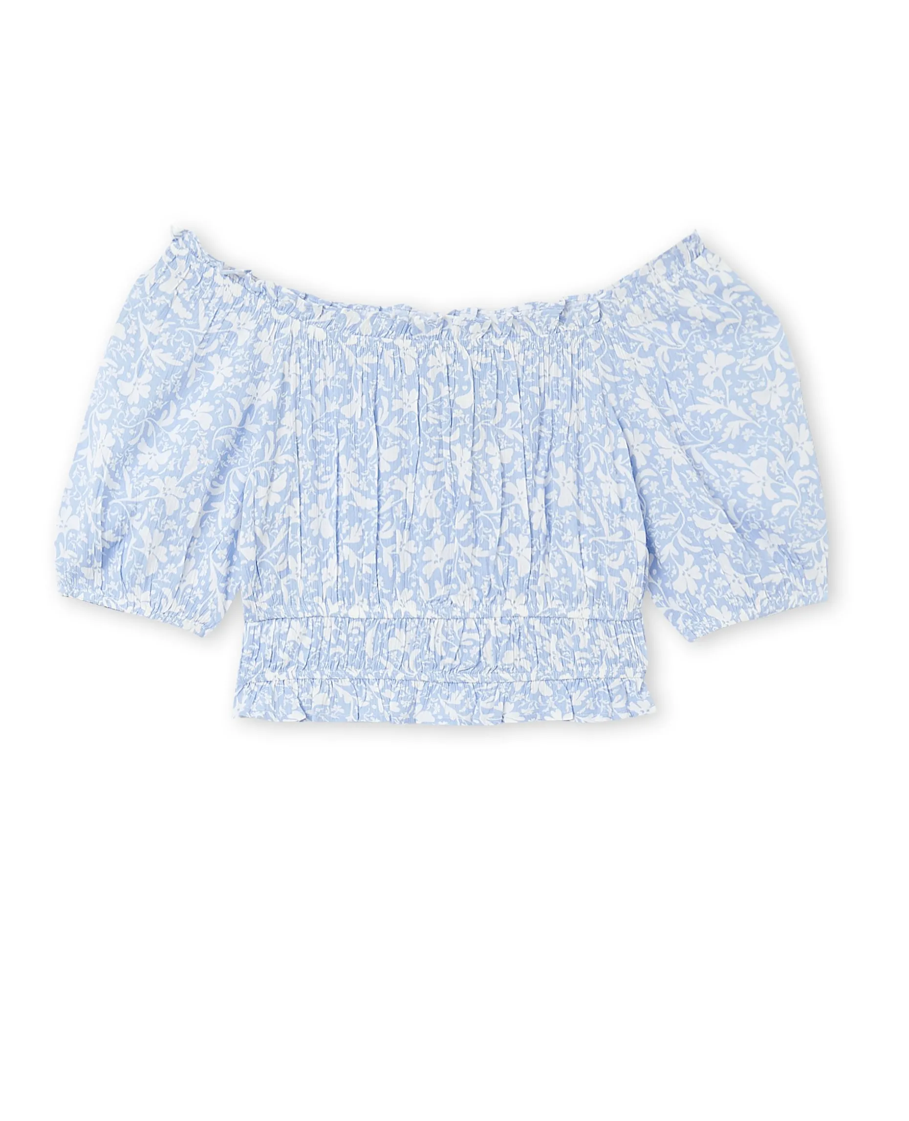 Top Court Encolure Bardot Motif Fleurs - Bleu