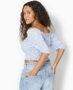 Top Court Encolure Bardot Motif Fleurs - Bleu