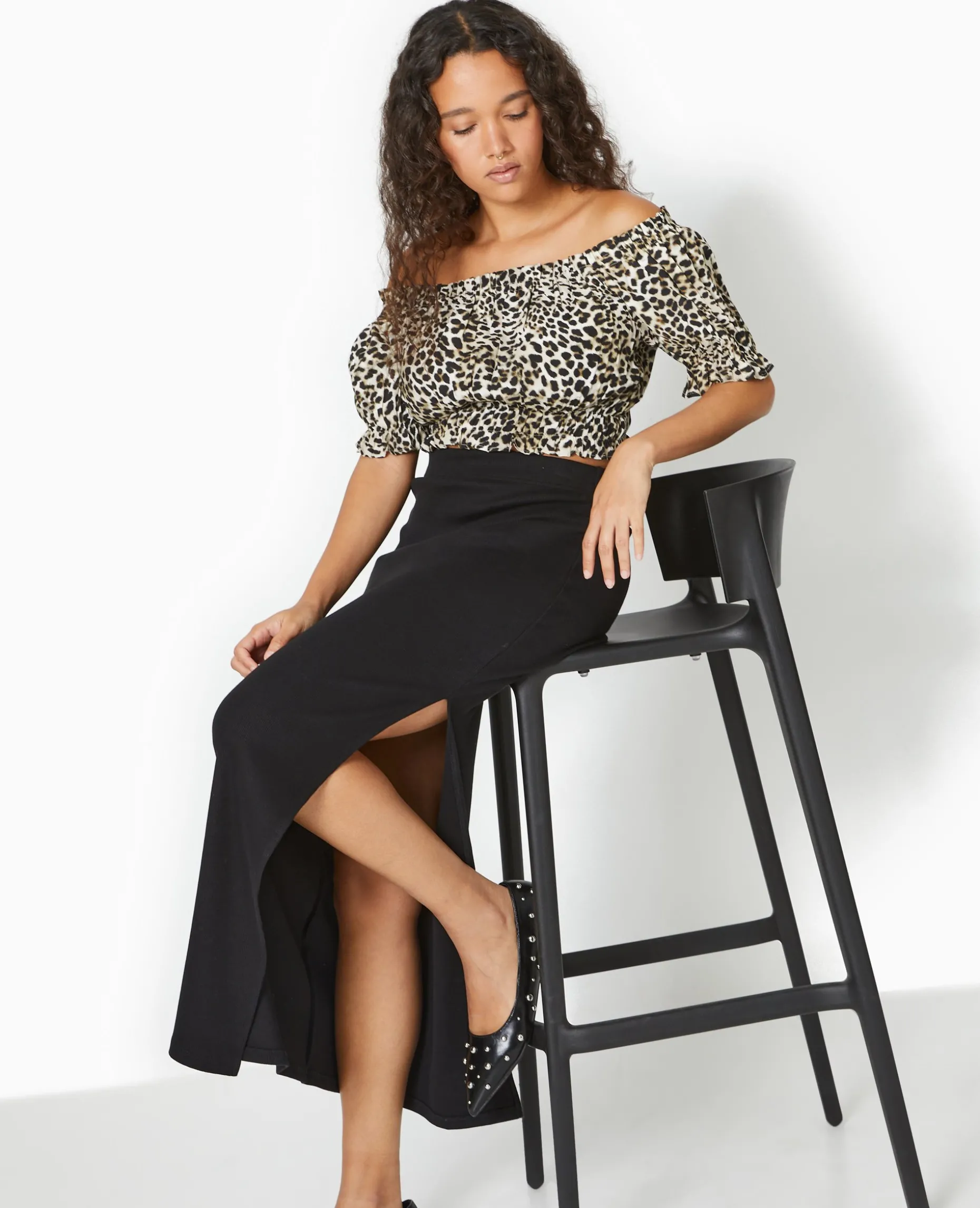 Top Court Encolure Bardot Motif Léopard - Marron