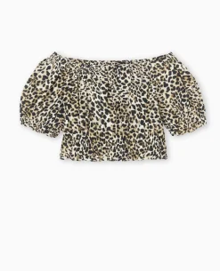 Top Court Encolure Bardot Motif Léopard - Marron