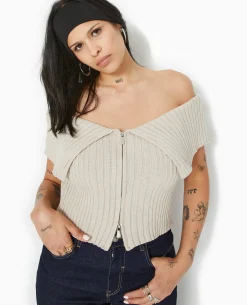 Top Court Zippé Avec Encolure Bardot - Taupe