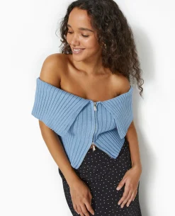 Top Court Zippé Avec Encolure Bardot - Bleu