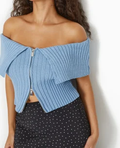 Top Court Zippé Avec Encolure Bardot - Bleu