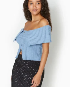 Top Court Zippé Avec Encolure Bardot - Bleu