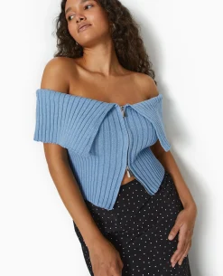 Top Court Zippé Avec Encolure Bardot - Bleu