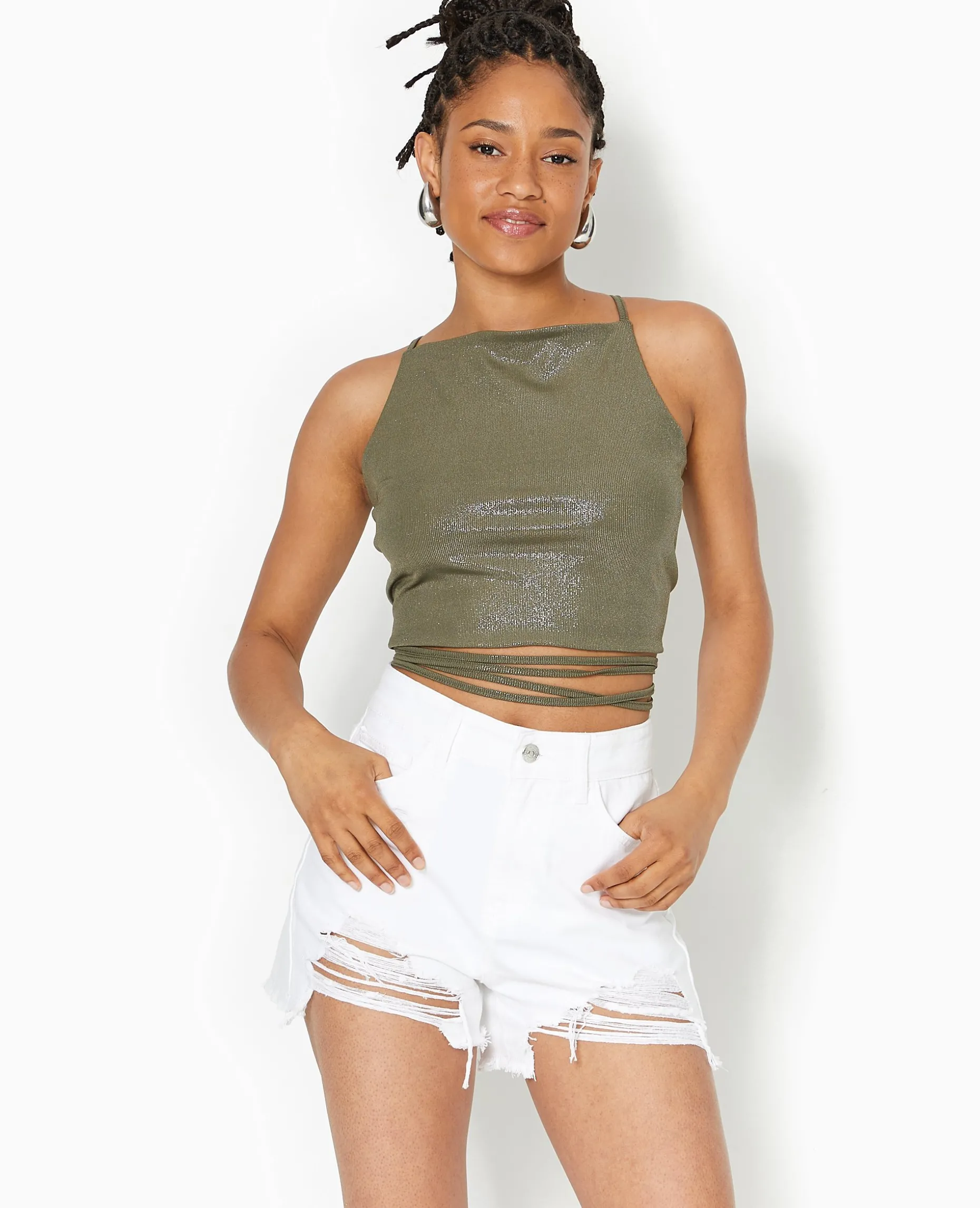 Top Cropped Dos-nu Avec Lurex - Vert Kaki