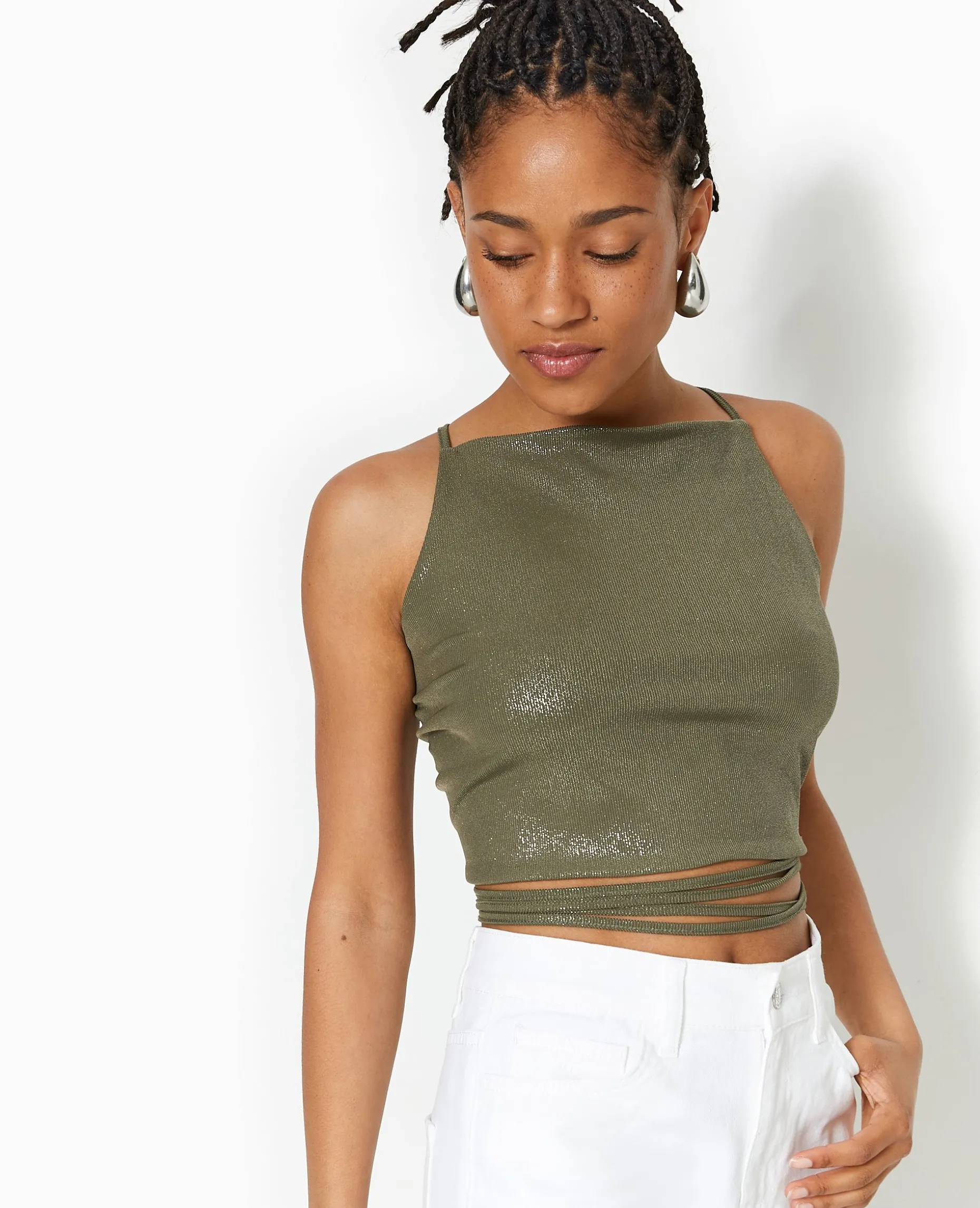 Top Cropped Dos-nu Avec Lurex - Vert Kaki
