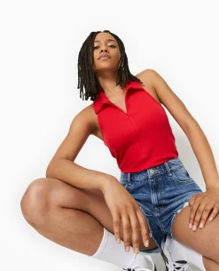 Top Dos-nu Col Polo Zippé - Rouge