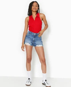 Top Dos-nu Col Polo Zippé - Rouge