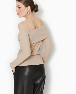 Top En Maille Côtelée Encolure Bardot - Beige