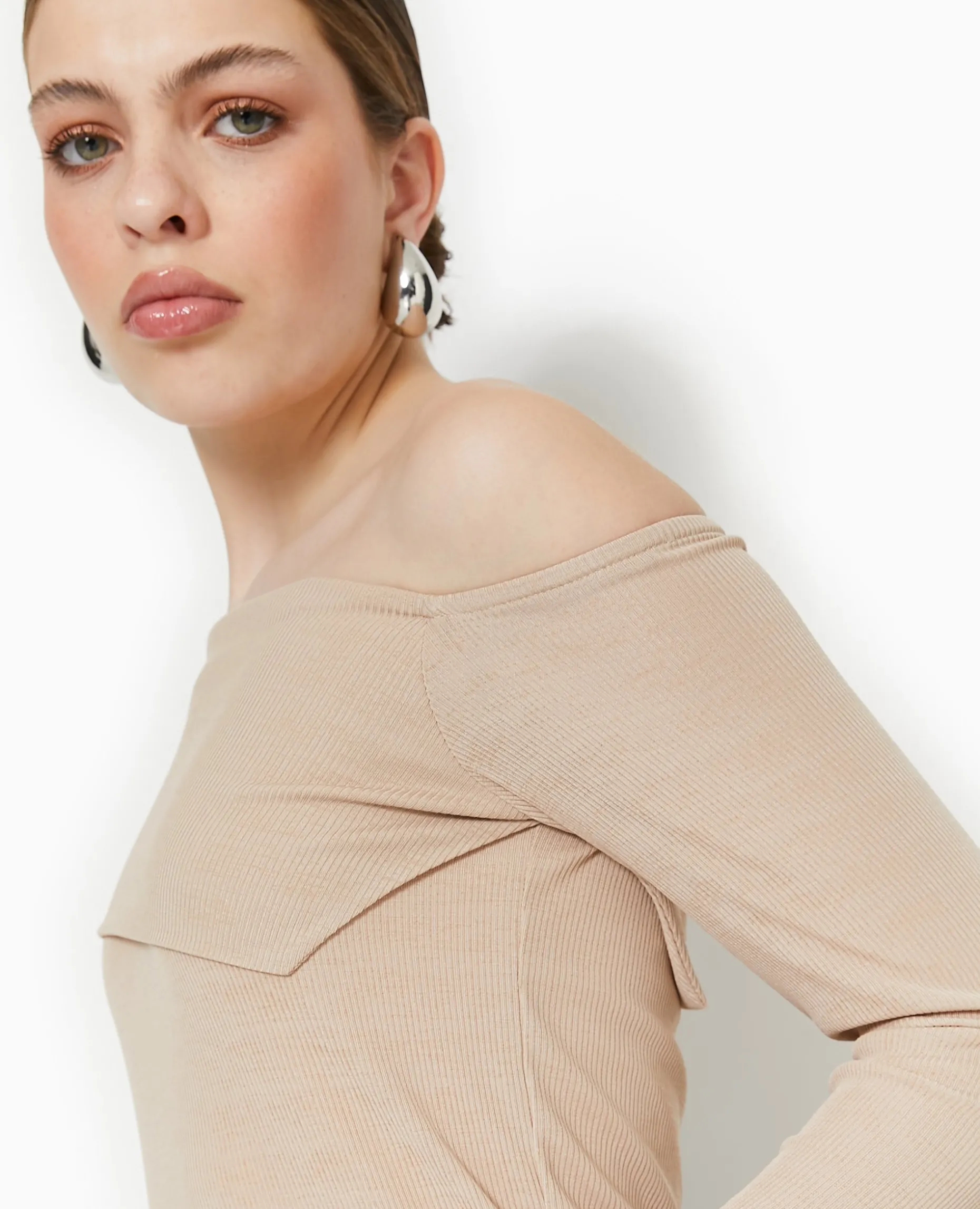 Top En Maille Côtelée Encolure Bardot - Beige