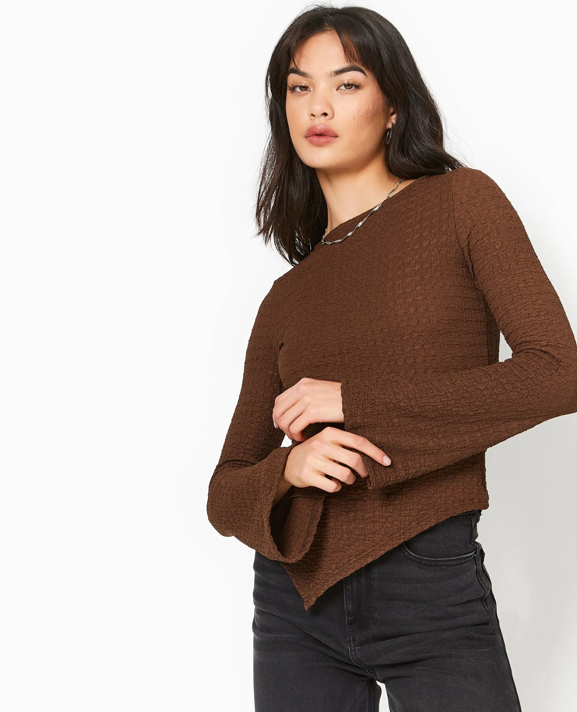 Top En Tissu Gaufré Avec Manches Flare - Marron