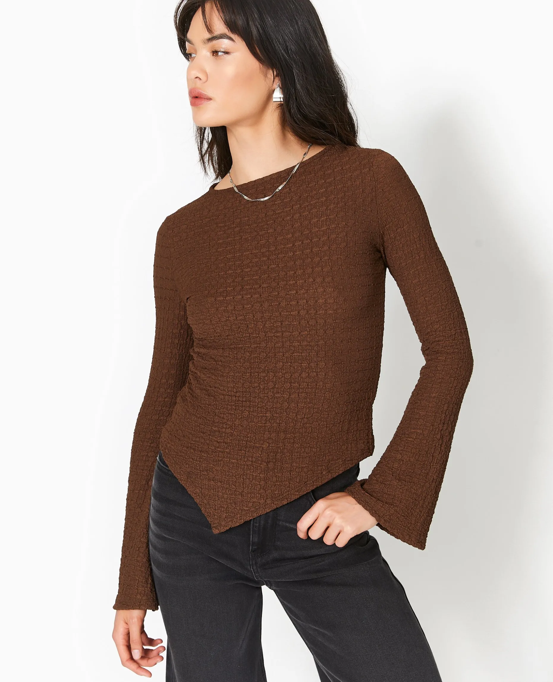 Top En Tissu Gaufré Avec Manches Flare - Marron
