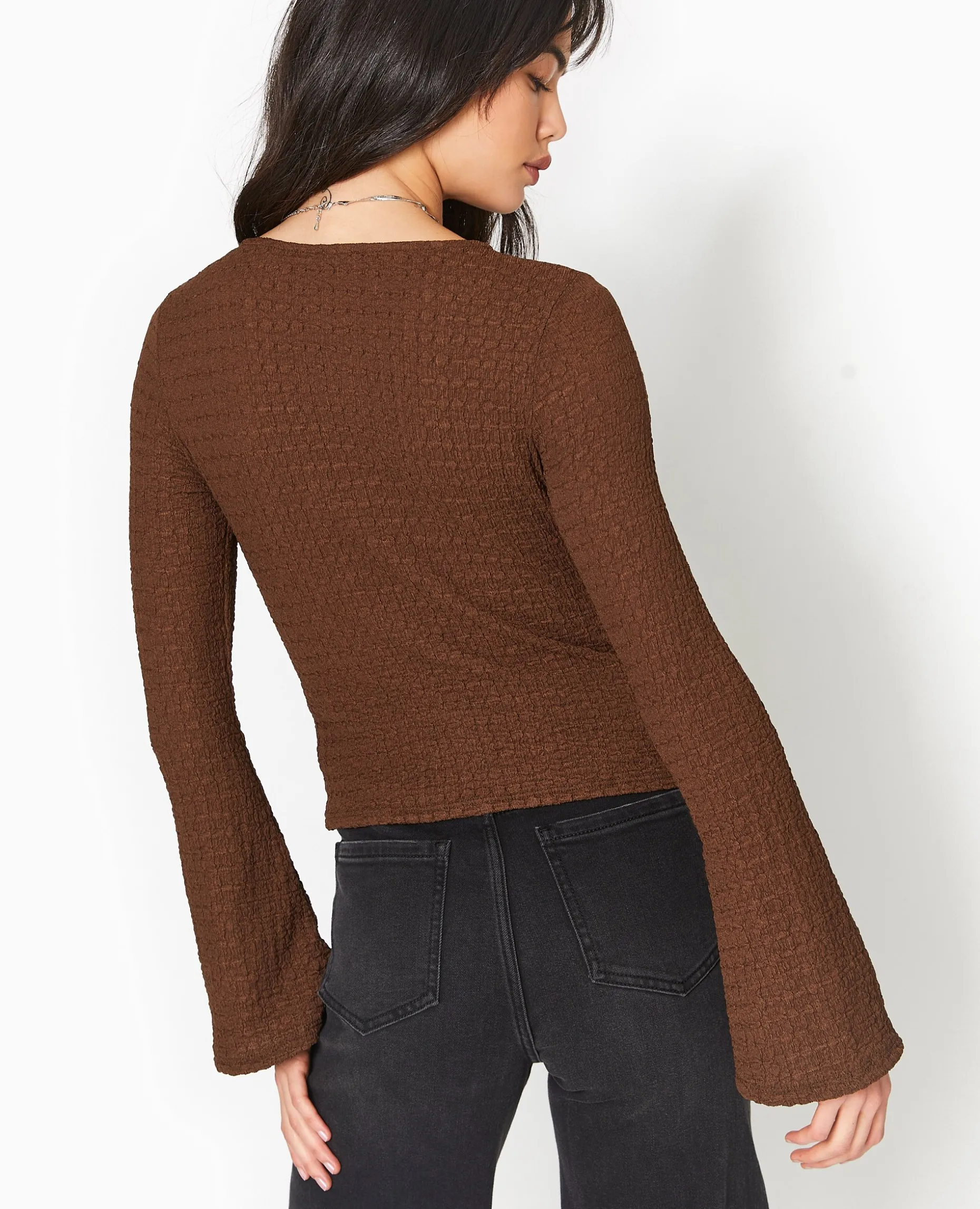 Top En Tissu Gaufré Avec Manches Flare - Marron