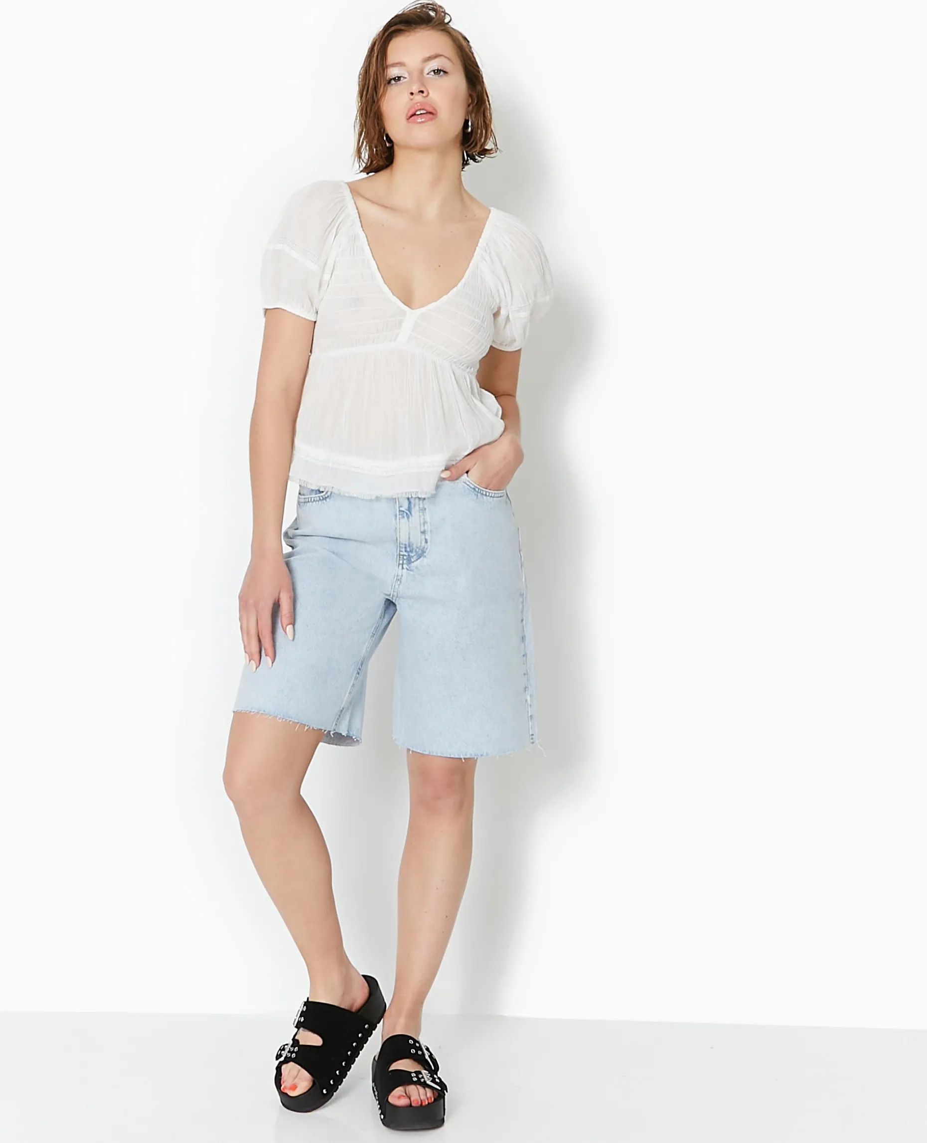 Top En Tissu Léger Avec Dentelle Et Smock - Blanc