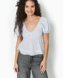 Top En Tissu Léger Avec Dentelle Et Smocks - Bleu