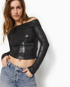 Top Encolure Bardot Avec Paillettes - Noir