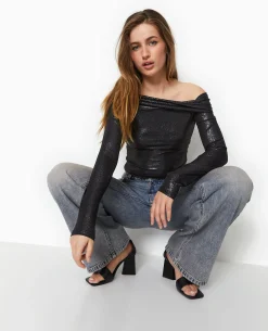 Top Encolure Bardot Avec Paillettes - Noir