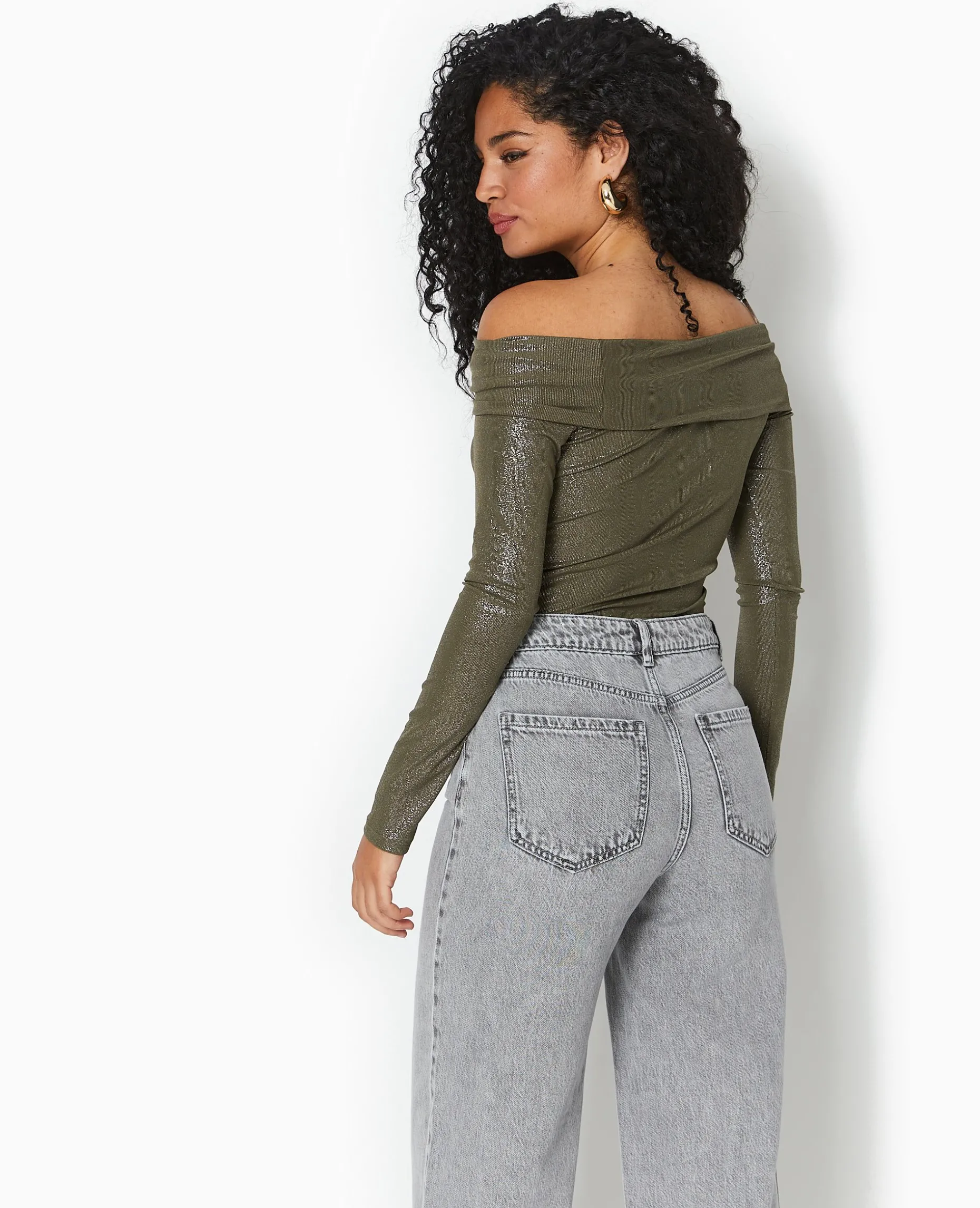 Top Encolure Bardot Avec Paillettes - Vert Kaki