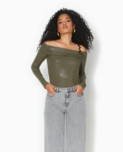 Top Encolure Bardot Avec Paillettes - Vert Kaki