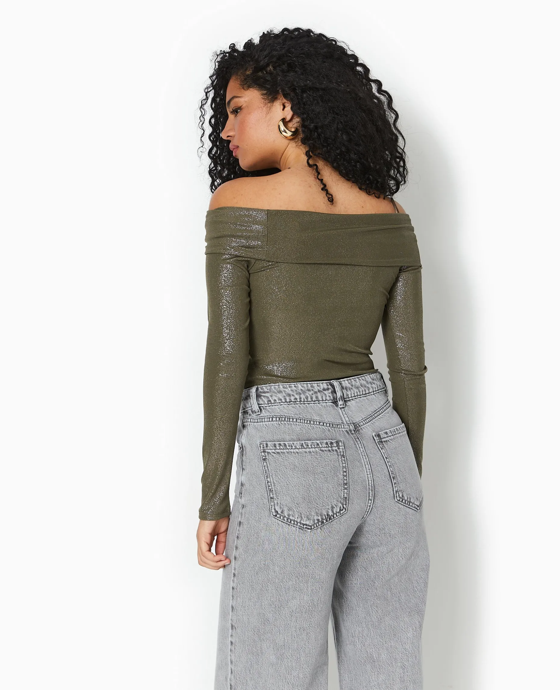 Top Encolure Bardot Avec Paillettes - Vert Kaki