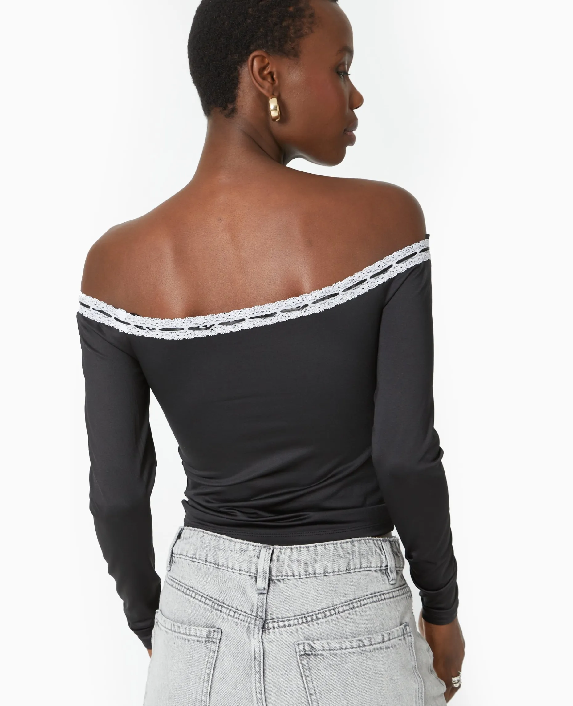 Top Encolure Bardot Avec Noeud Contrasté - Noir