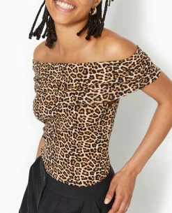 Top Encolure Bardot Motif Léopard - Marron